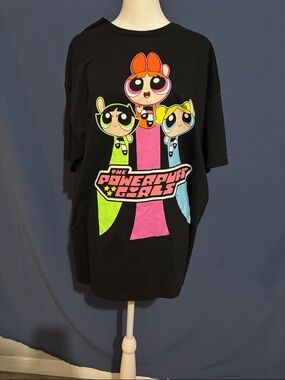 Y2K Black Tee with Neon Pink, Lime Green & Sky Blue Powerpuff Girls Graphic